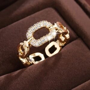 Gold Tone and Rhinestone Chain Link Hollow Adjustable Ring New